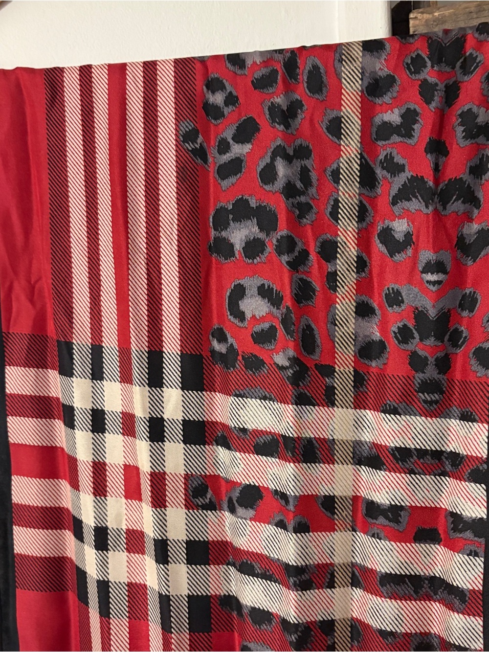 Lord and Taylor 100% Silk Red Plaid & Leopard Print Long Rectangle Scarf - Picture 2 of 5